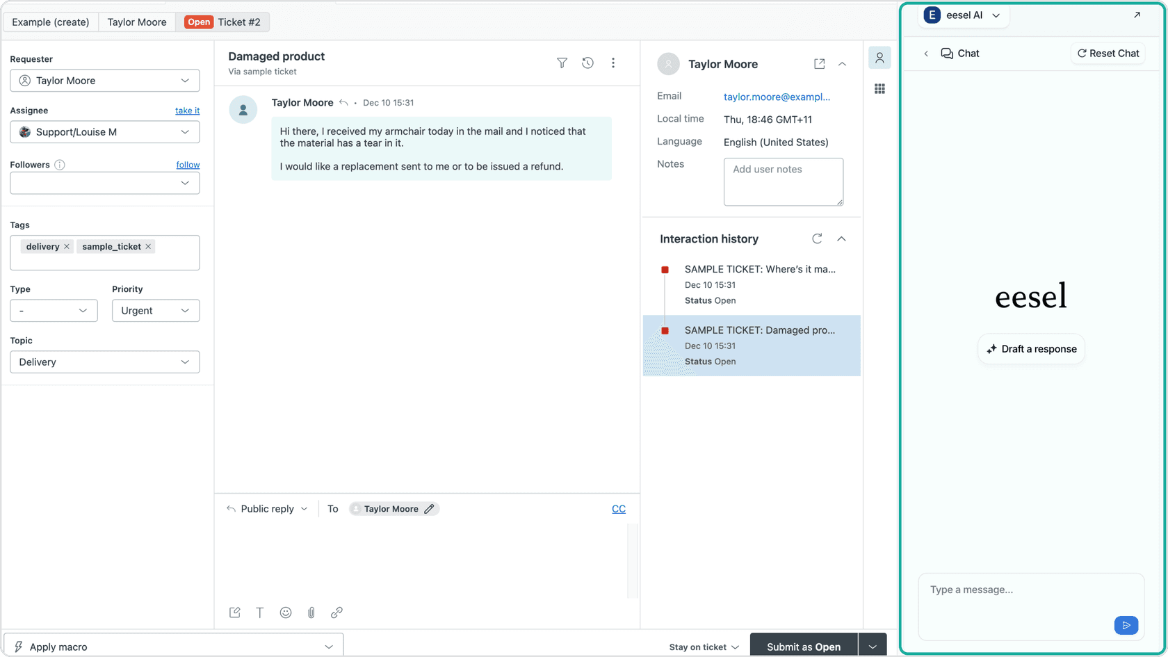 Zendesk dashboard with eesel AI extension active in the ticket view