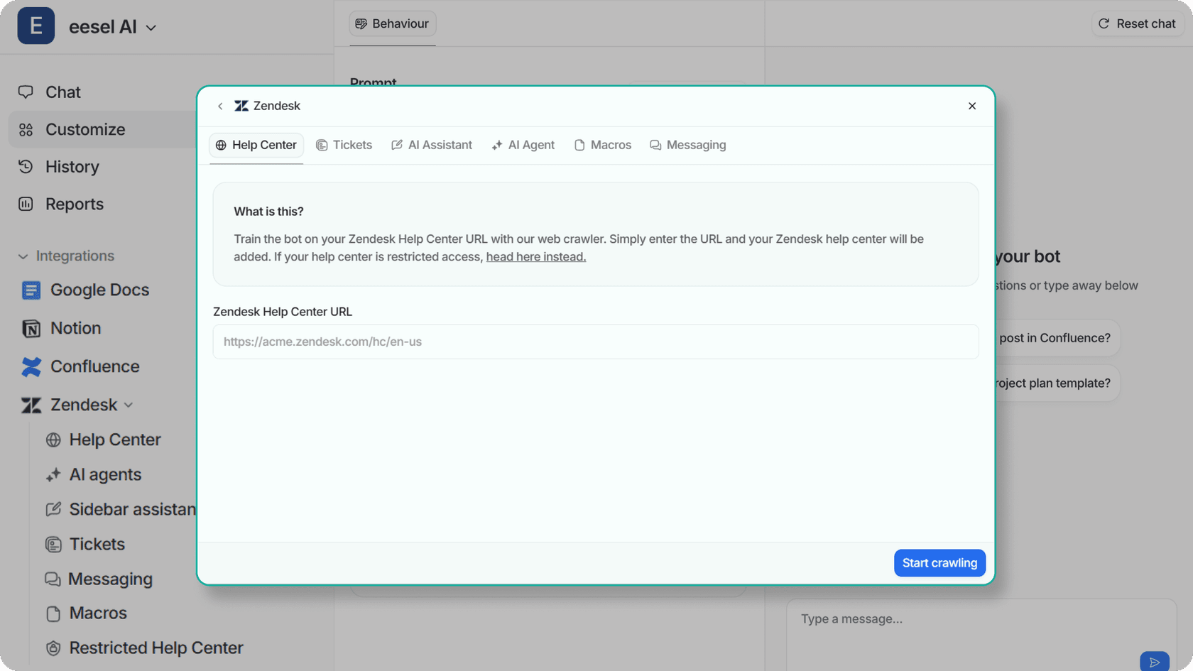 opções de integração do Zendesk do eesel.