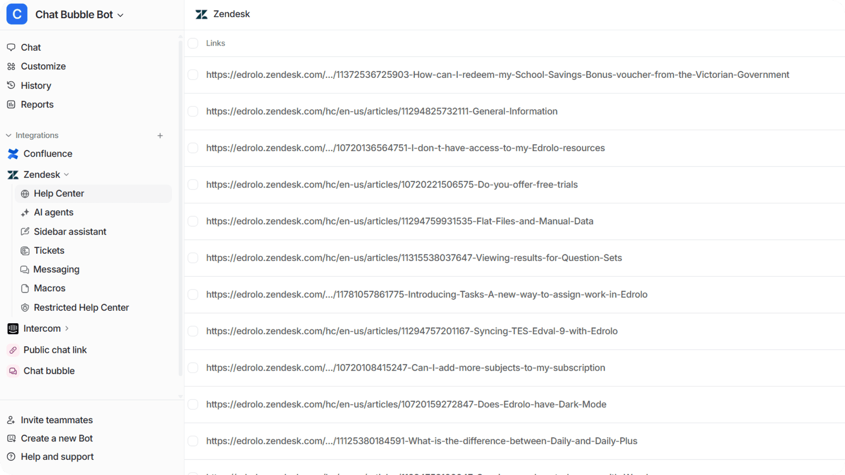 Los diferentes enlaces añadidos desde un centro de ayuda de Zendesk a una base de conocimiento de eesel AI.