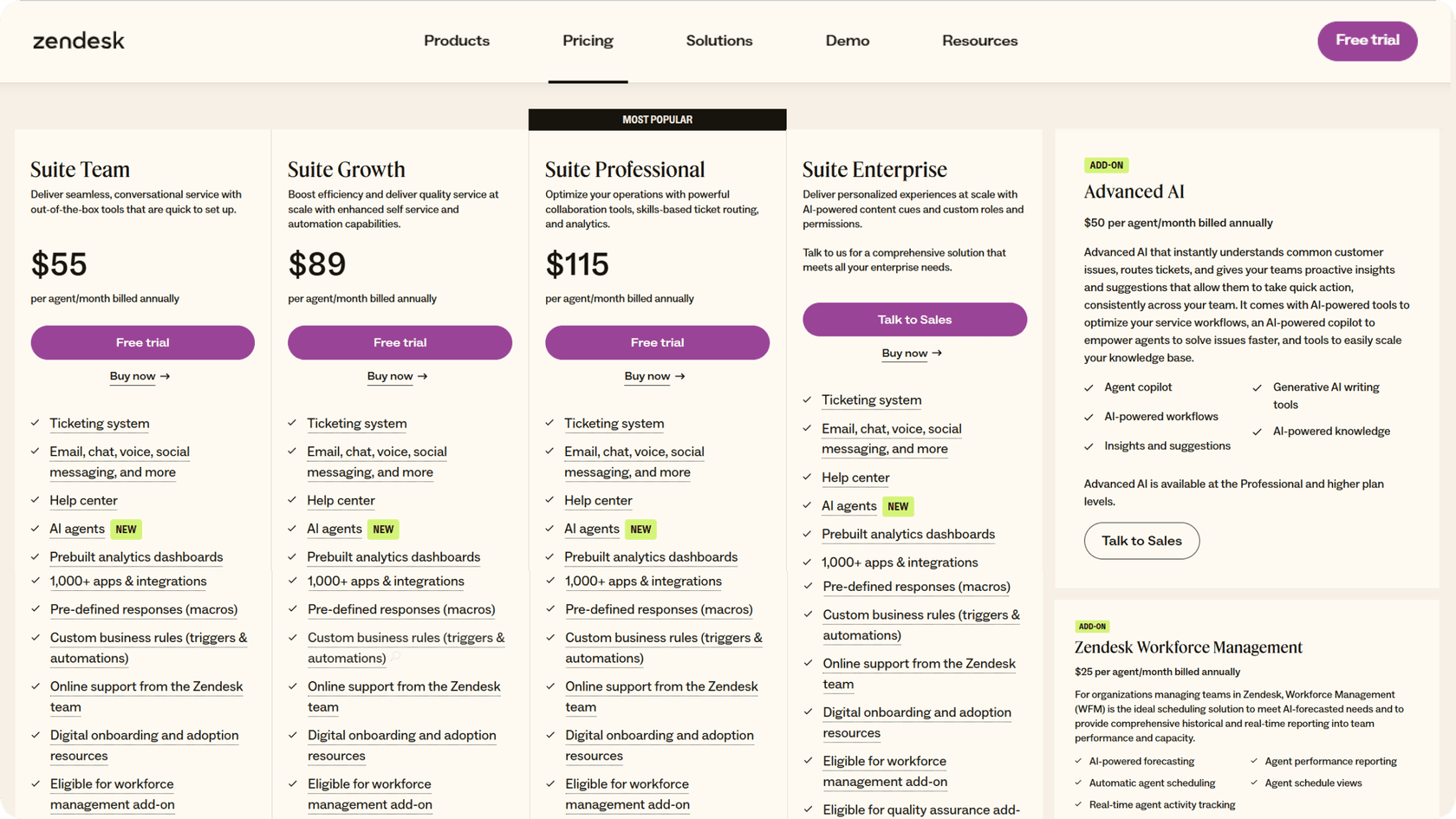 Zendesk-Pläne plus das Advanced-AI-Add-on.