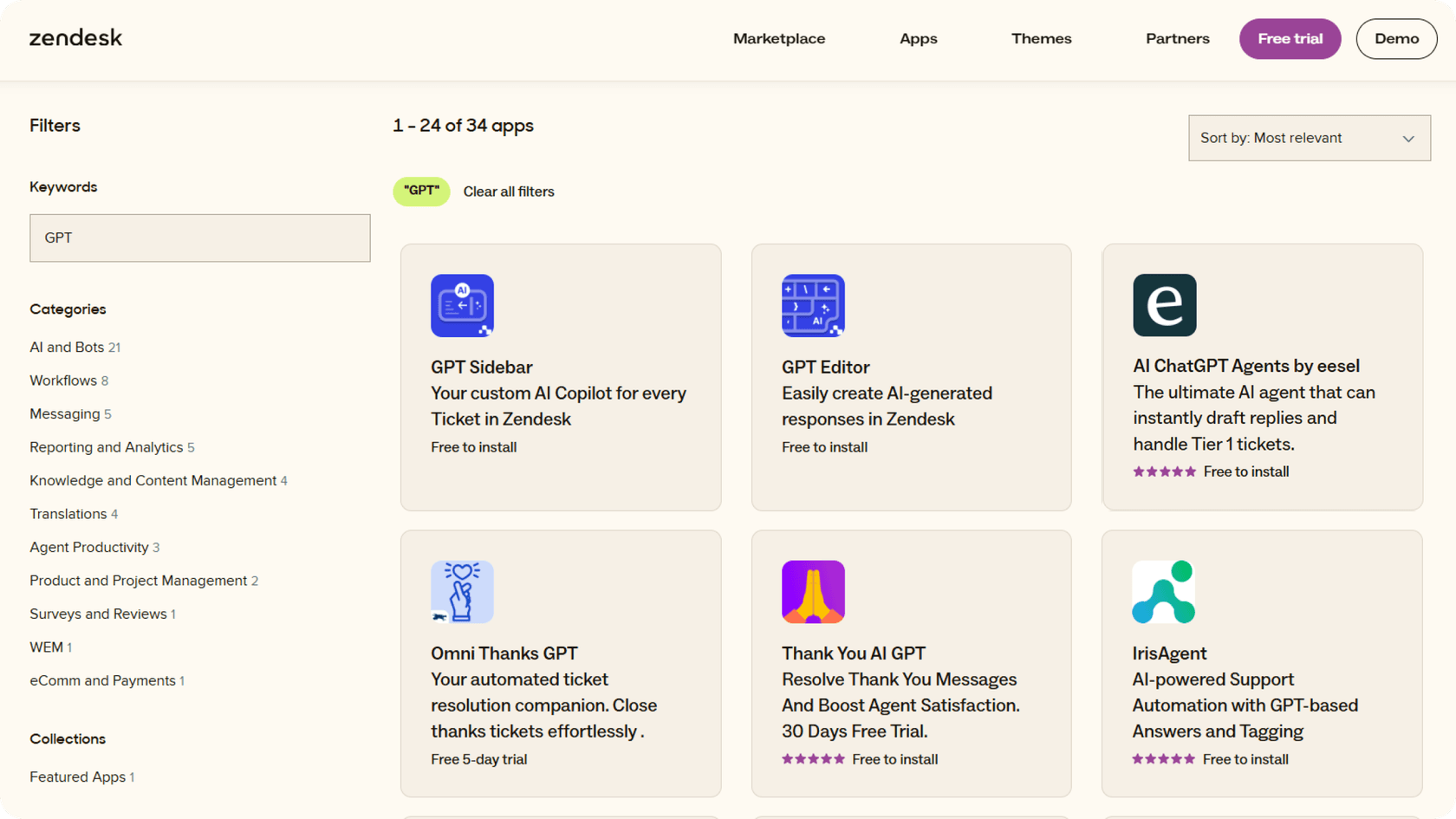 Screenshot des Zendesk Marketplace mit verfügbaren GPTs.