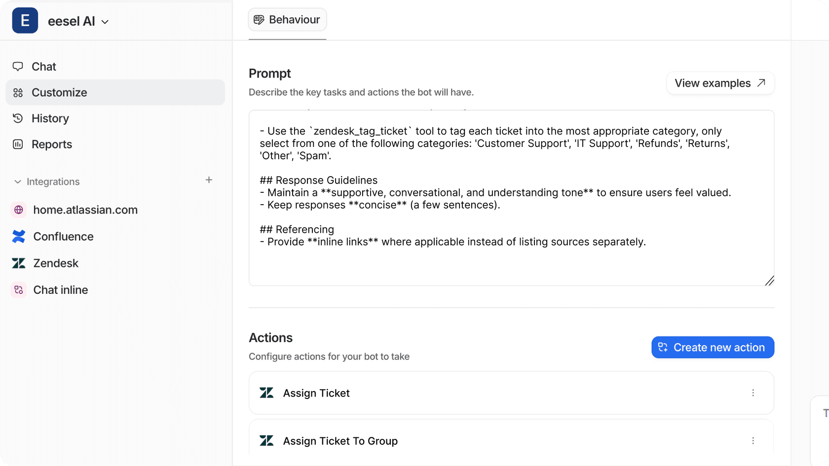 Actions de personnalisation d'eesel AI attribuant des instructions pour le marquage des tickets Zendesk.