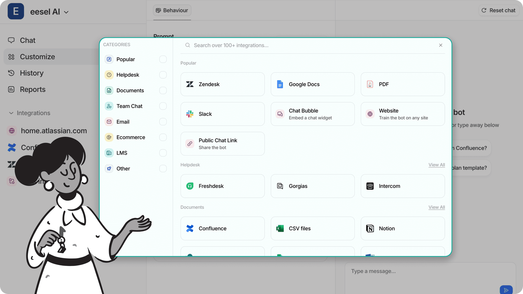 Das Integrations-Dashboard von eesel AI zeigt die Wissensdatenbank mit Google Docs, Confluence usw.