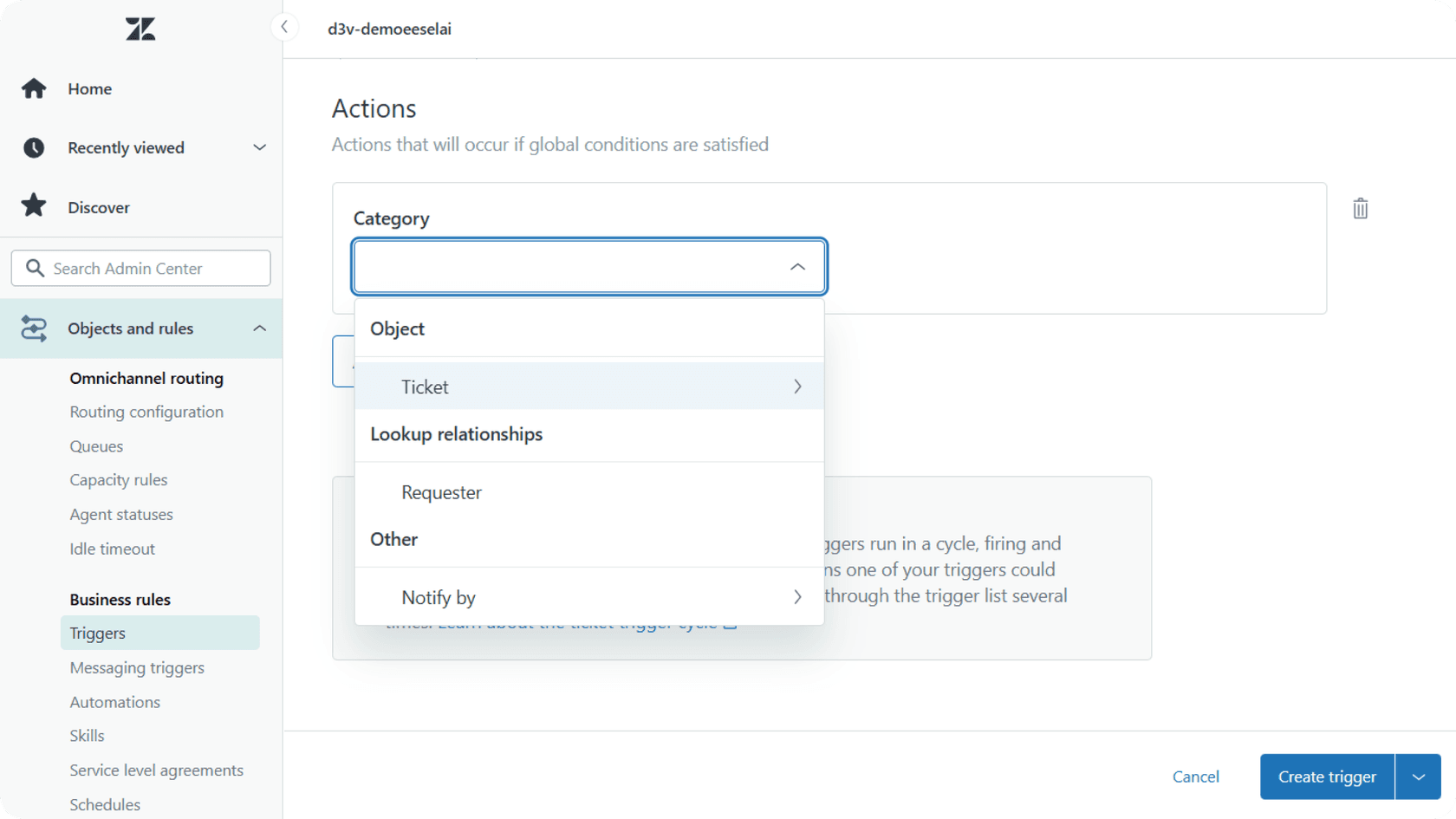 Paramètre d'automatisation des déclencheurs de Zendesk sur la sélection des catégories pour un marquage approprié des tickets.
