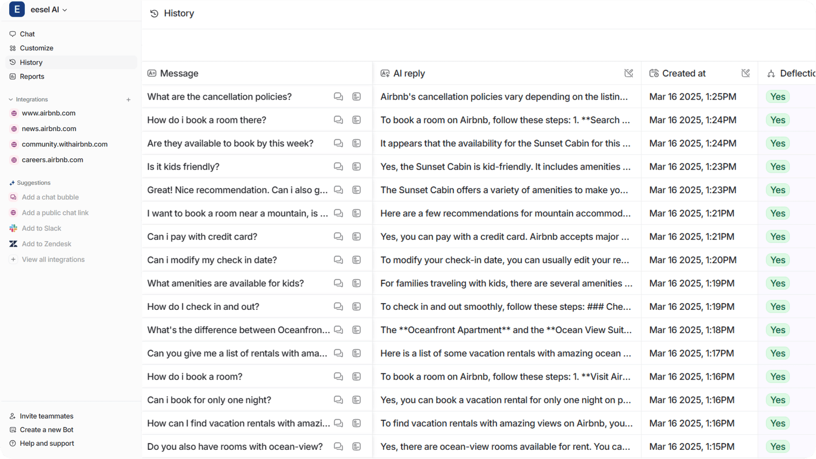 Aqui está como a aba de histórico de chat do painel do eesel AI mostra perguntas/mensagens passadas relacionadas à reserva de um quarto e outras perguntas relacionadas a hóspedes.