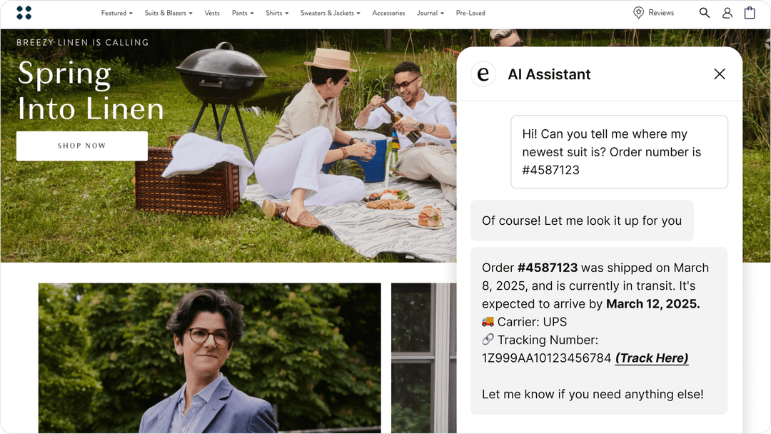a shopify store with an eesel AI chatbox opened on it and answering a customer question.