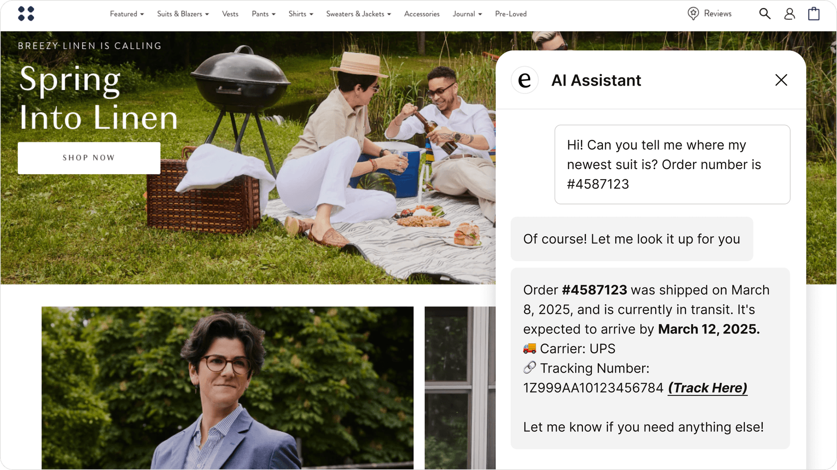 a shopify store with an eesel AI chatbox opened on it and answering a customer question.