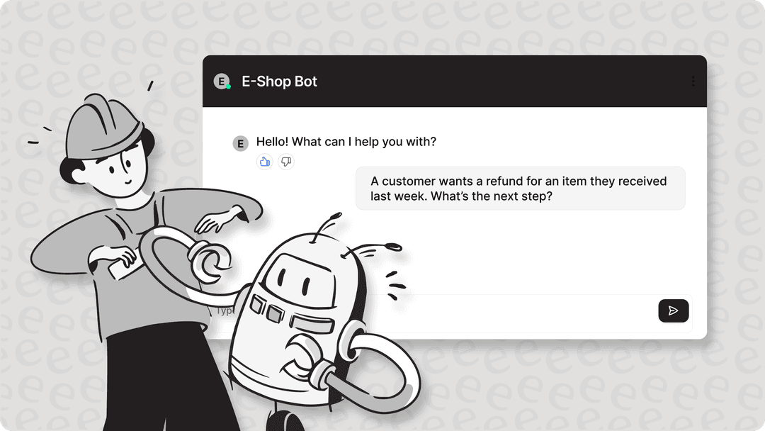 Illustration of AI e-commerce customer support with a chatbot interface, a human agent, and a robot working together on screen.