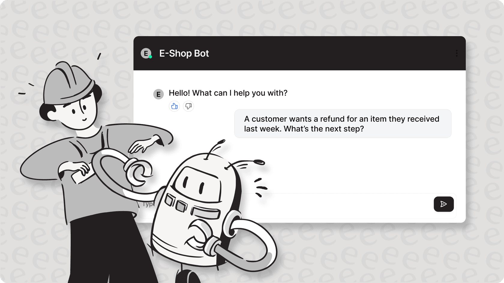 Illustration of AI e-commerce customer support with a chatbot interface, a human agent, and a robot working together on screen.