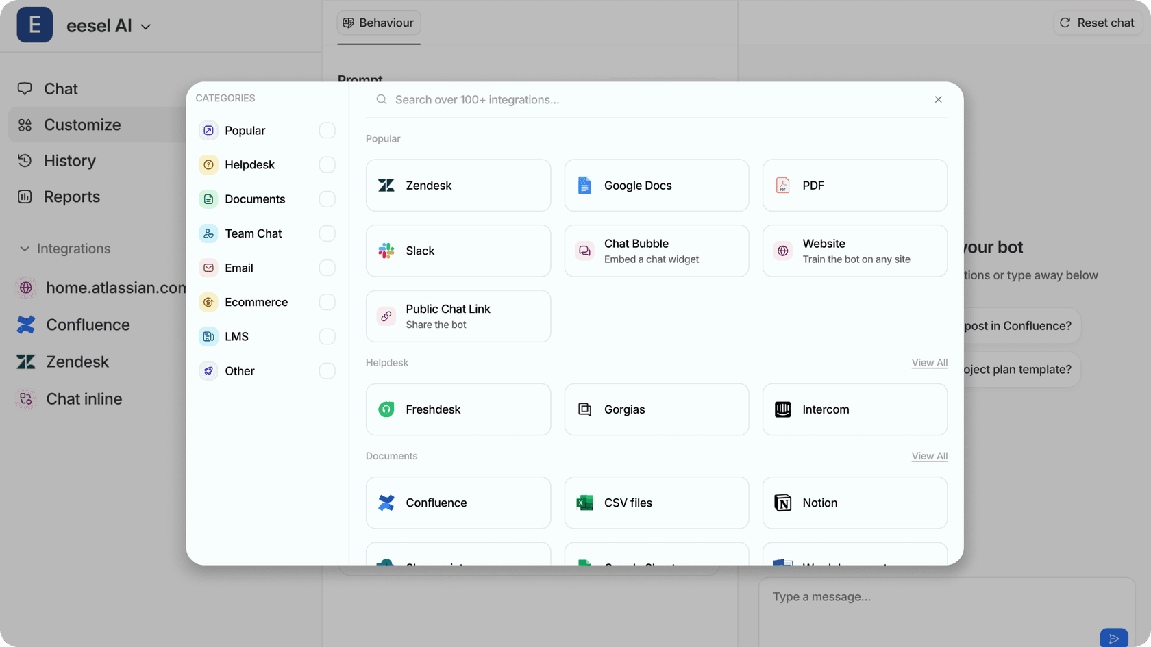 Screenshot of the eesel AI knowledge base integration screen showing connected sources like Confluence, Google Drive, and Zendesk, highlighting real-time syncing for support automation.