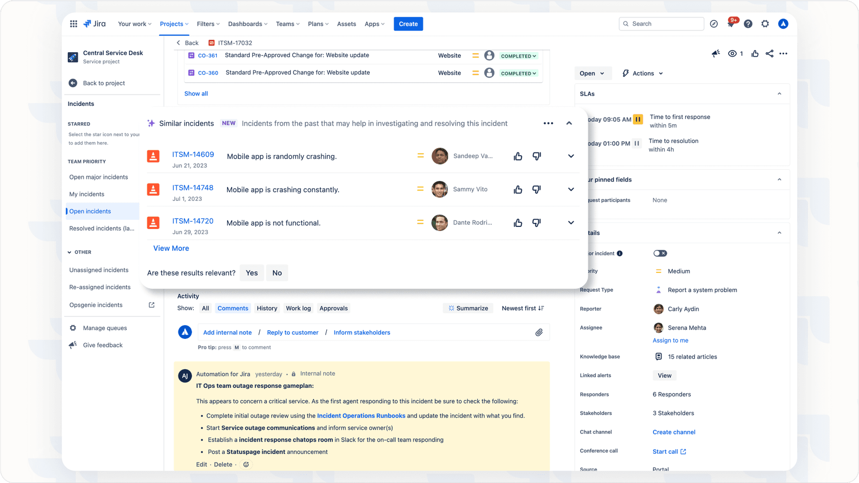 AI similar incidents in Jira Service Management dashboard.