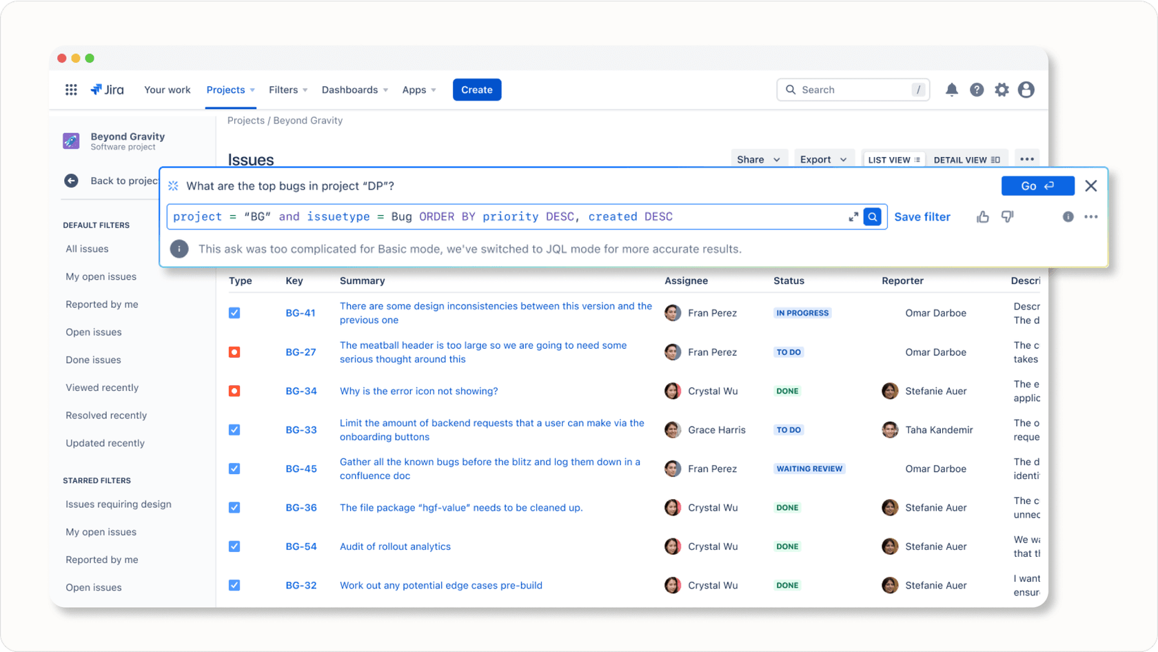 JQL suggestions in Atlassian Intelligence