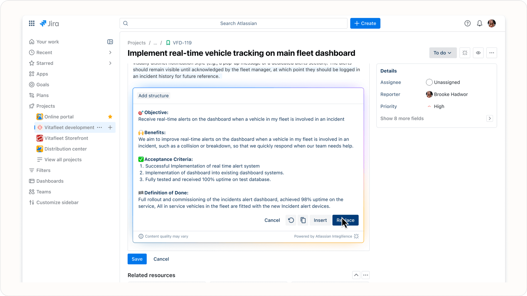Atlassian Intelligence icon in Jira interface indicating available AI features.