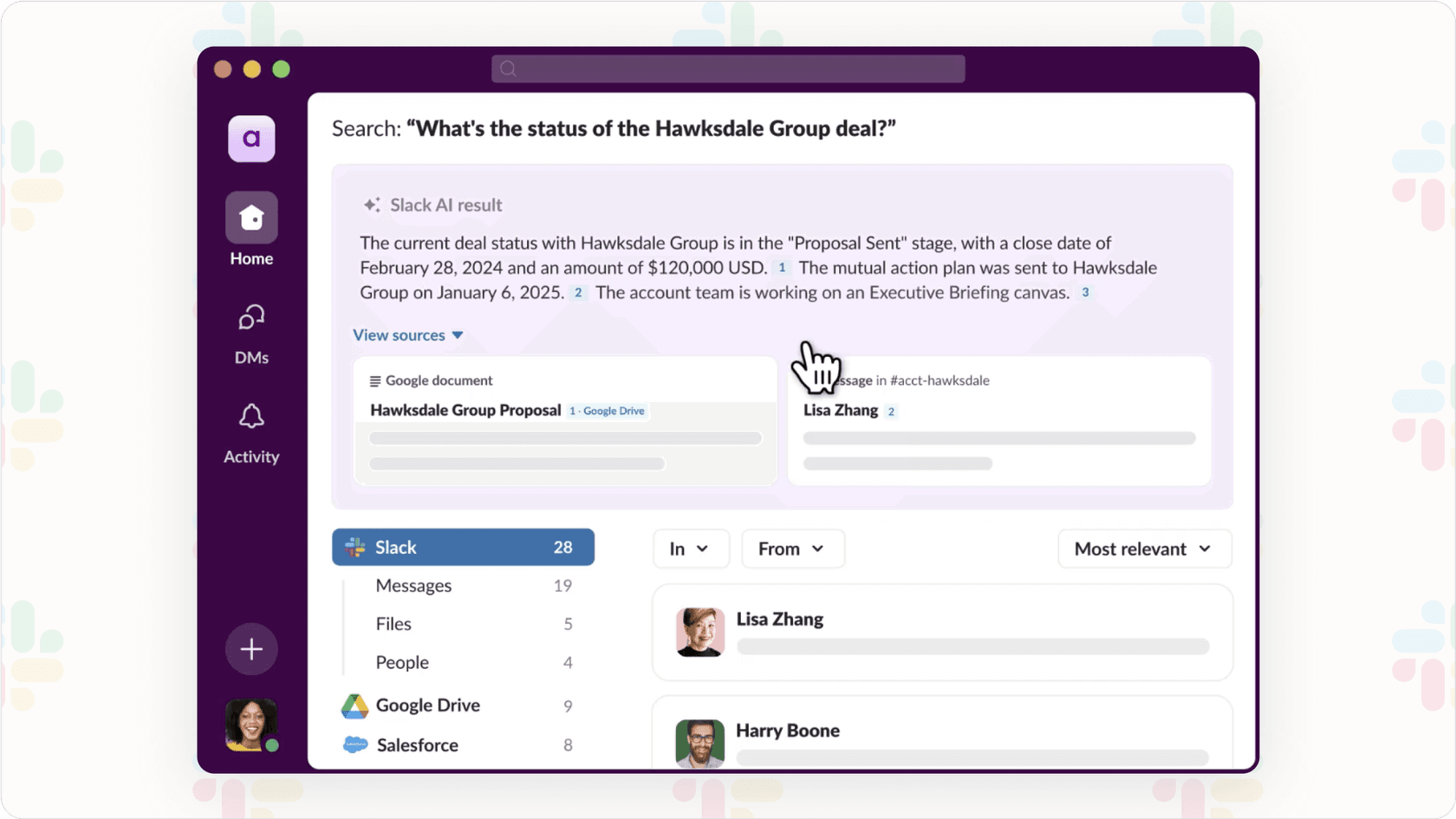 Slack AI search results displaying a natural language query answer with source citations.