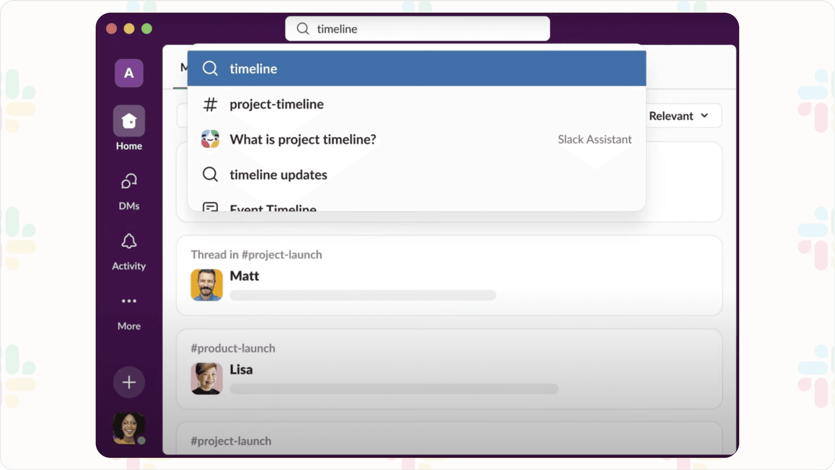 Slack search showing suggested channels or messages.