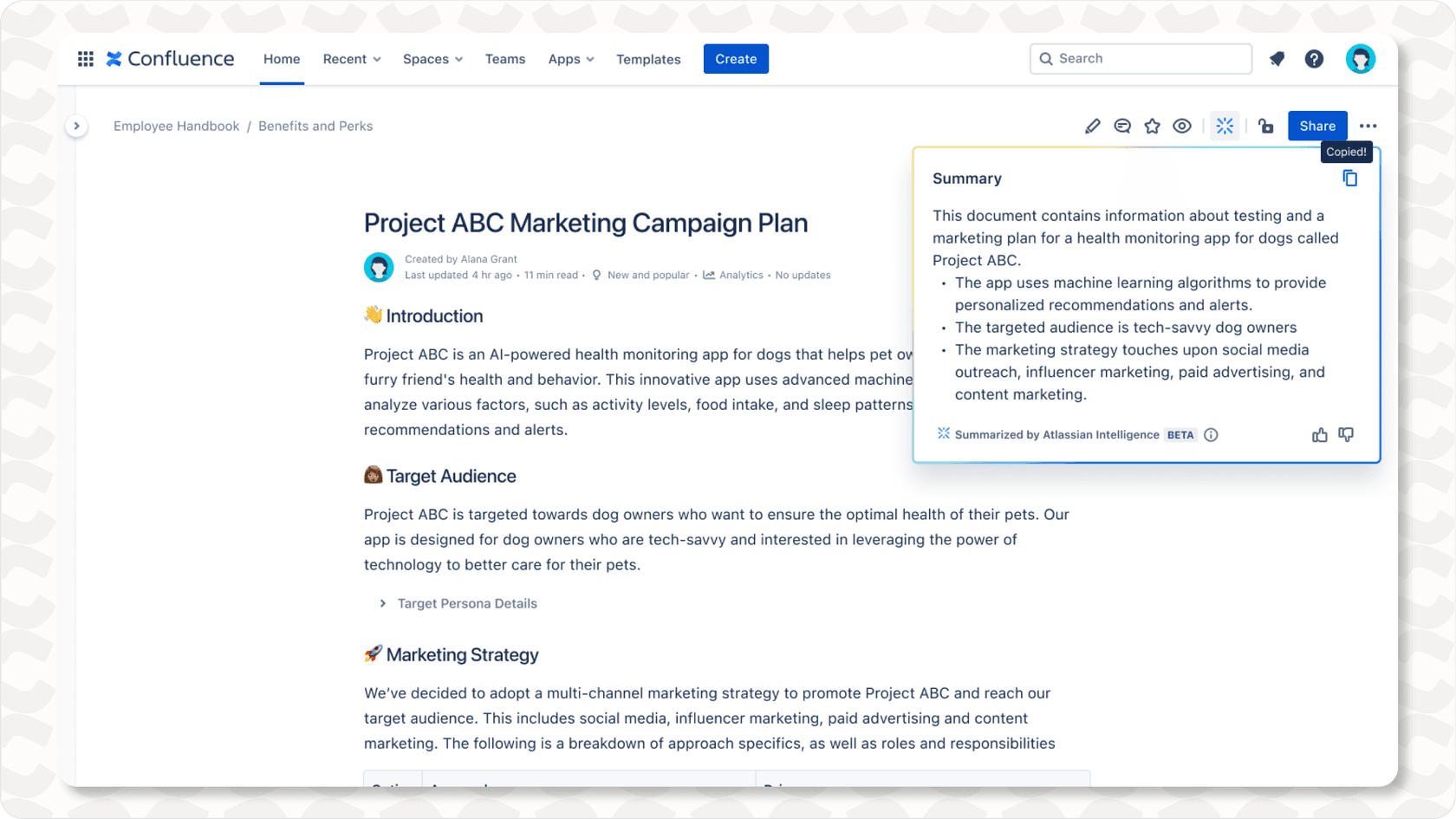 Atlassian Intelligence summarizing a Confluence page.
