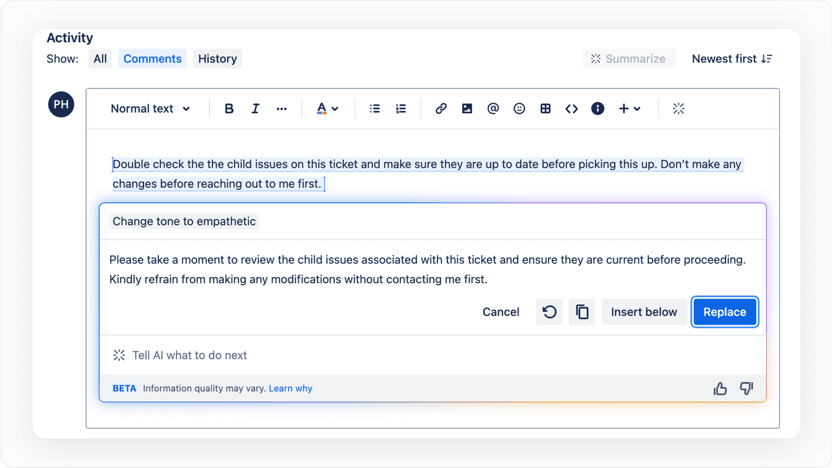 Jira issue editor with generative AI feature icon or command menu open.