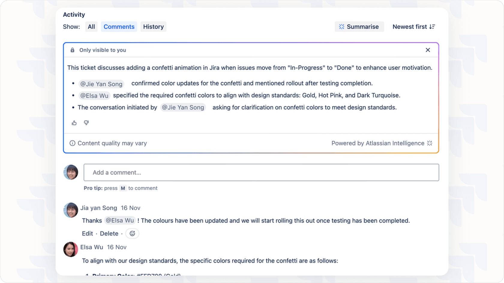 Jira Service Management AI summarizing an issue.