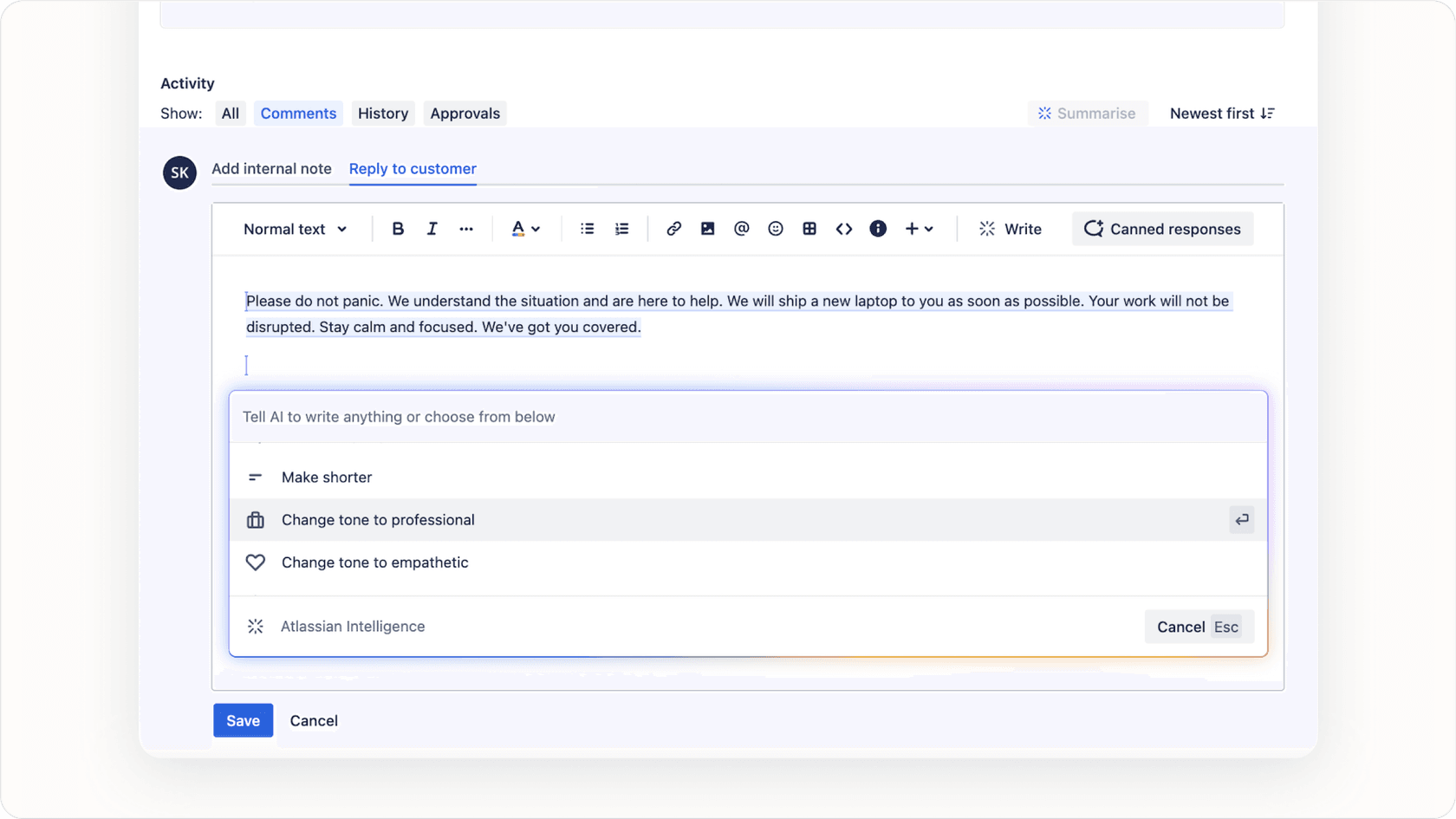 Generating and transforming content with AI in Jira Service Management editor.