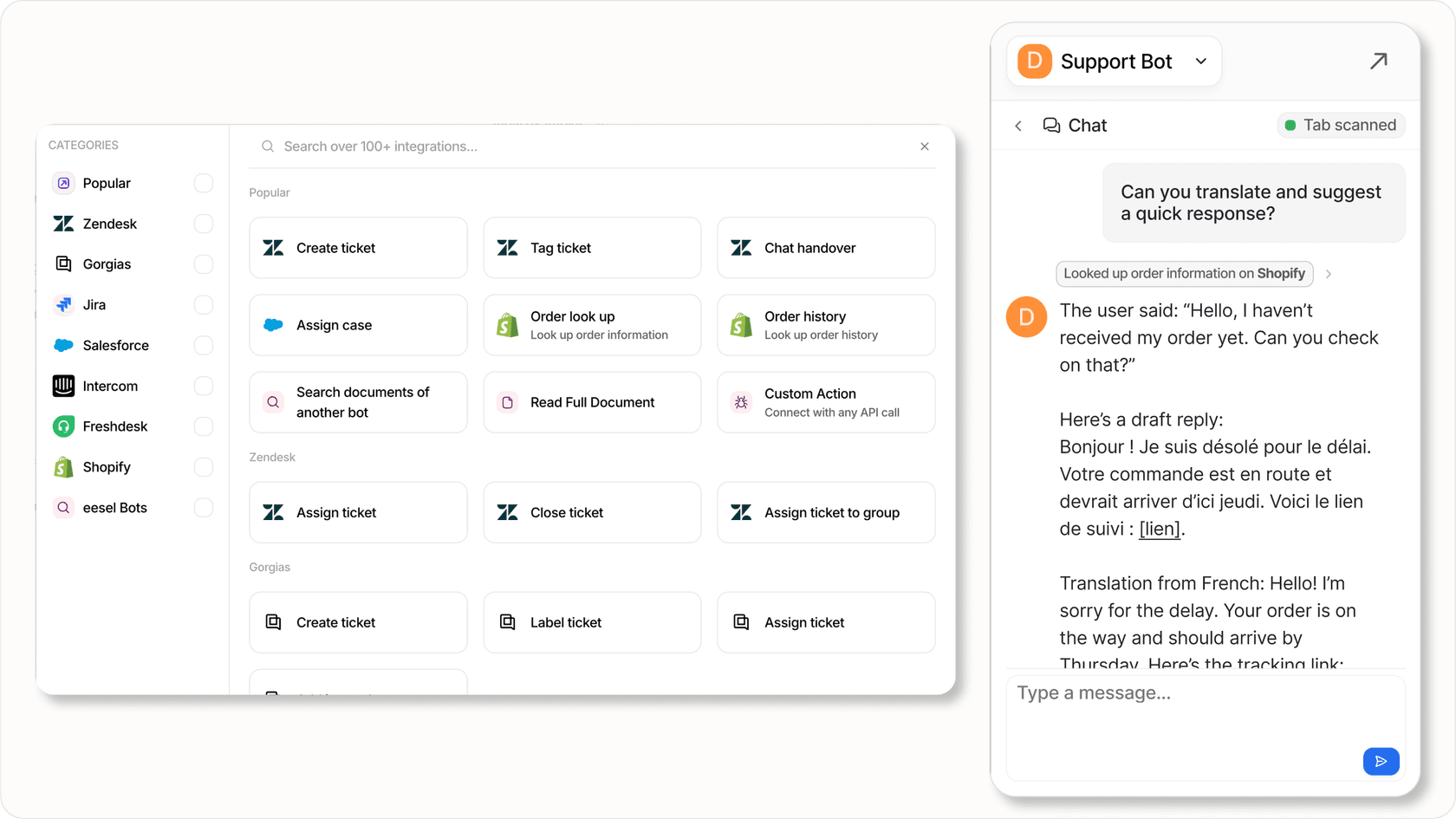 eesel AI dashboard showing AI teammate configuration for financial services support with compliance controls and escalation rules