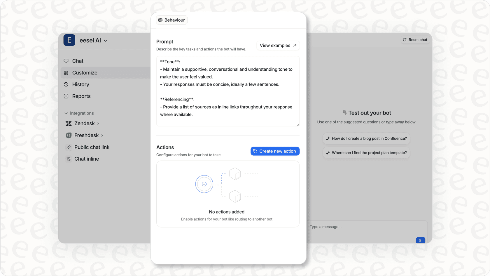 Customizing Shopify AI agent behavior in eesel AI.