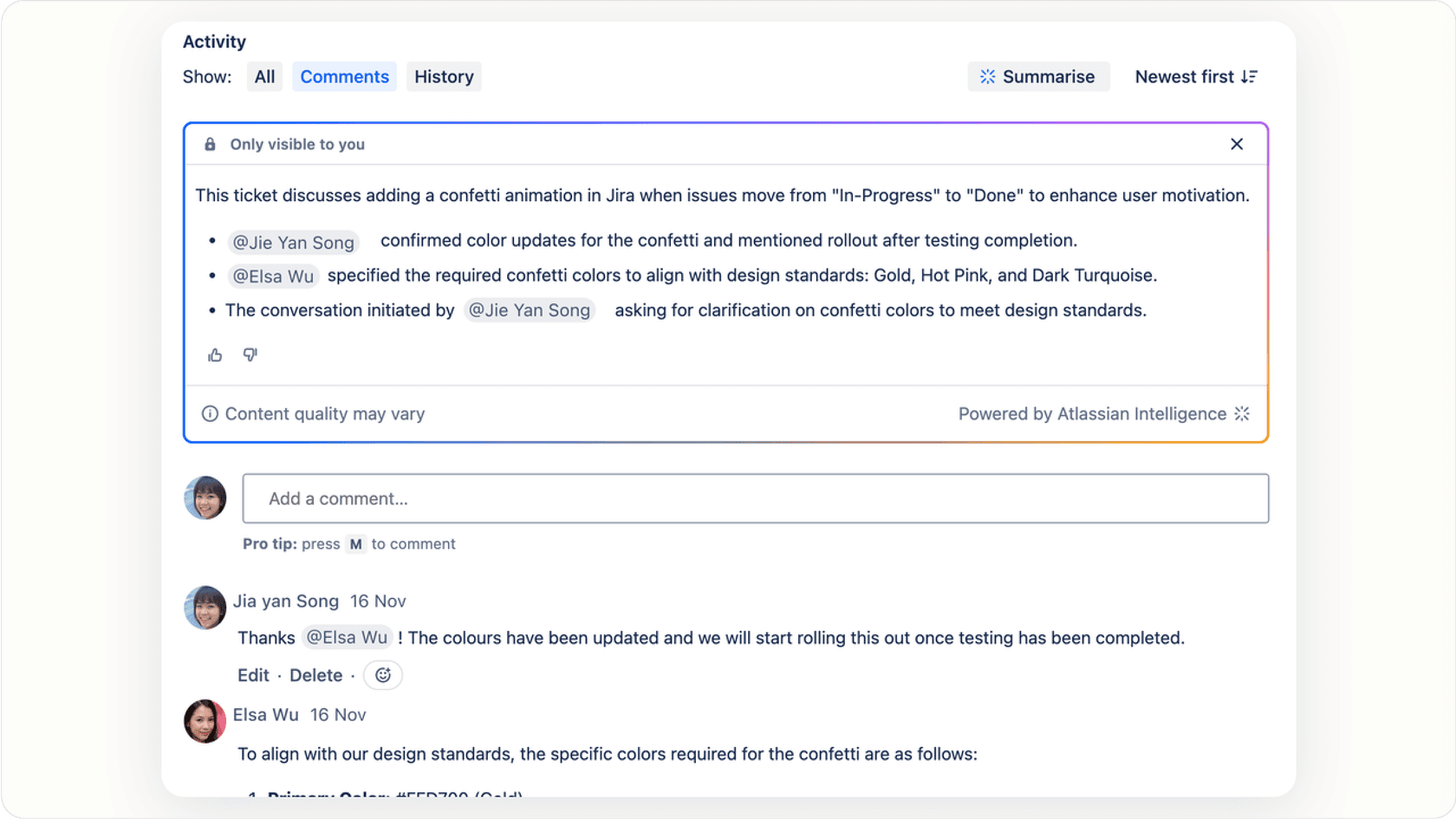 Jira issue activity section with AI-powered comment summary feature.