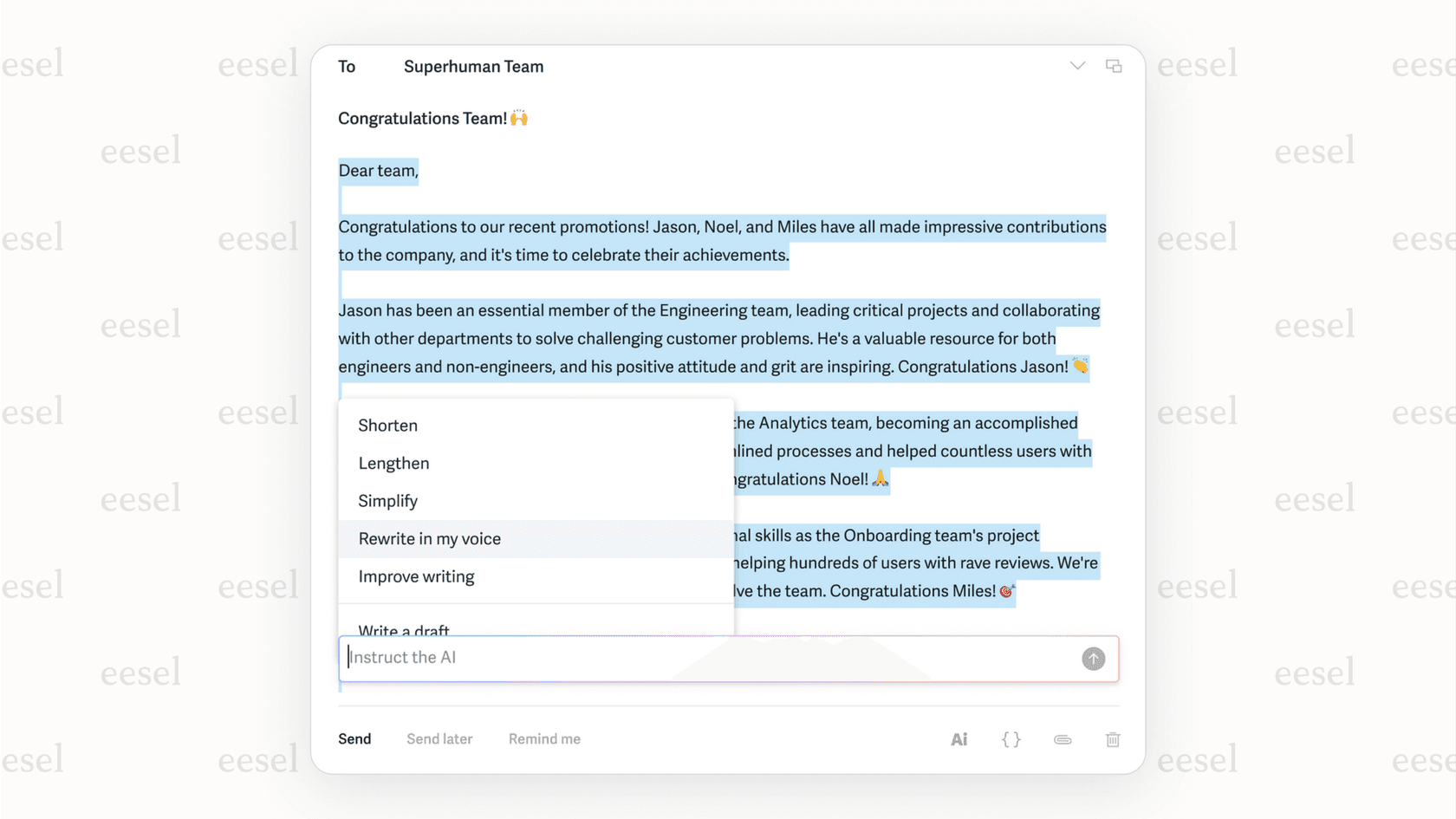 Superhuman email client composing an email with AI.