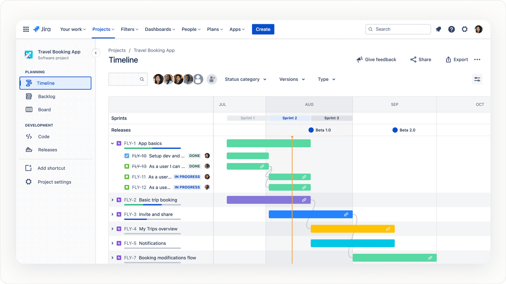 Jira Epic view with AI-suggested sub-tasks and linked issues for work breakdown.