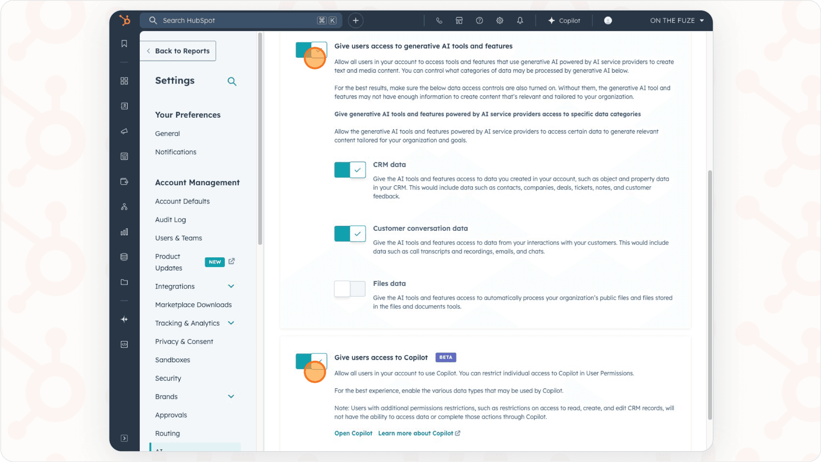 HubSpot AIの設定とアクセス権限の管理。