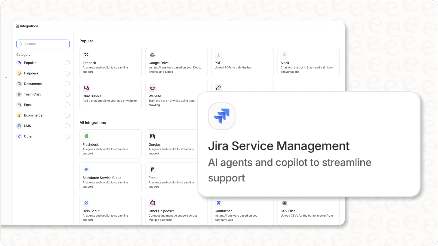 eesel AI platform showing integration options, highlighting Jira Service Management for enhanced Jira AI workflows.