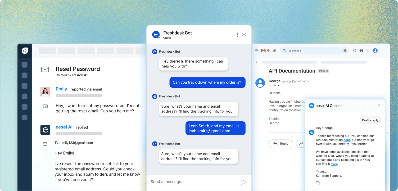 Tableau de bord Freshdesk montrant les fonctionnalités de réponse automatique de l'IA