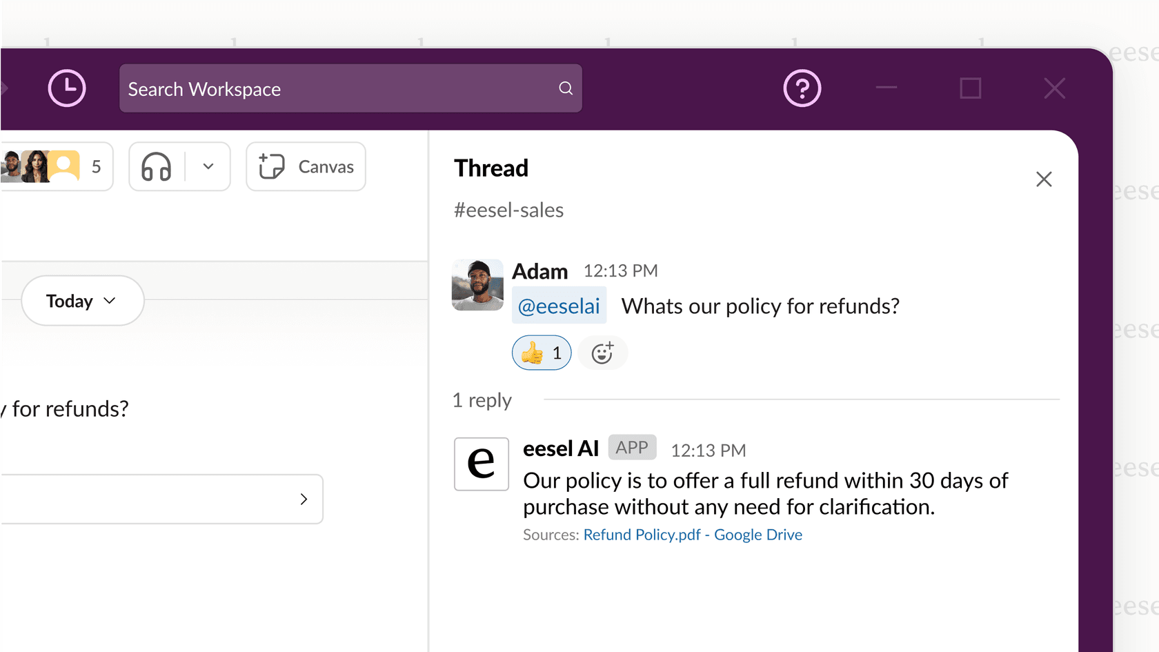 Screenshot von eesel AI, das eine PDF-bezogene Frage direkt in Slack beantwortet und KI-gestützte Dokumentenunterstützung zeigt.