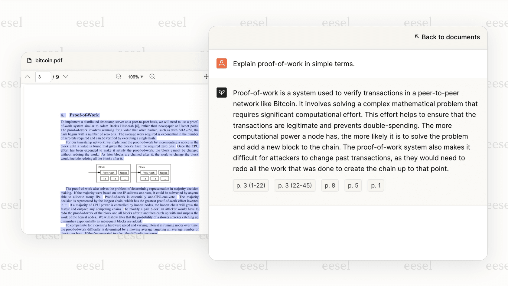 Screenshot von pdf.ai, das ein Dokument mit hervorgehobenen KI-generierten Antworten auf Anfragen zeigt.