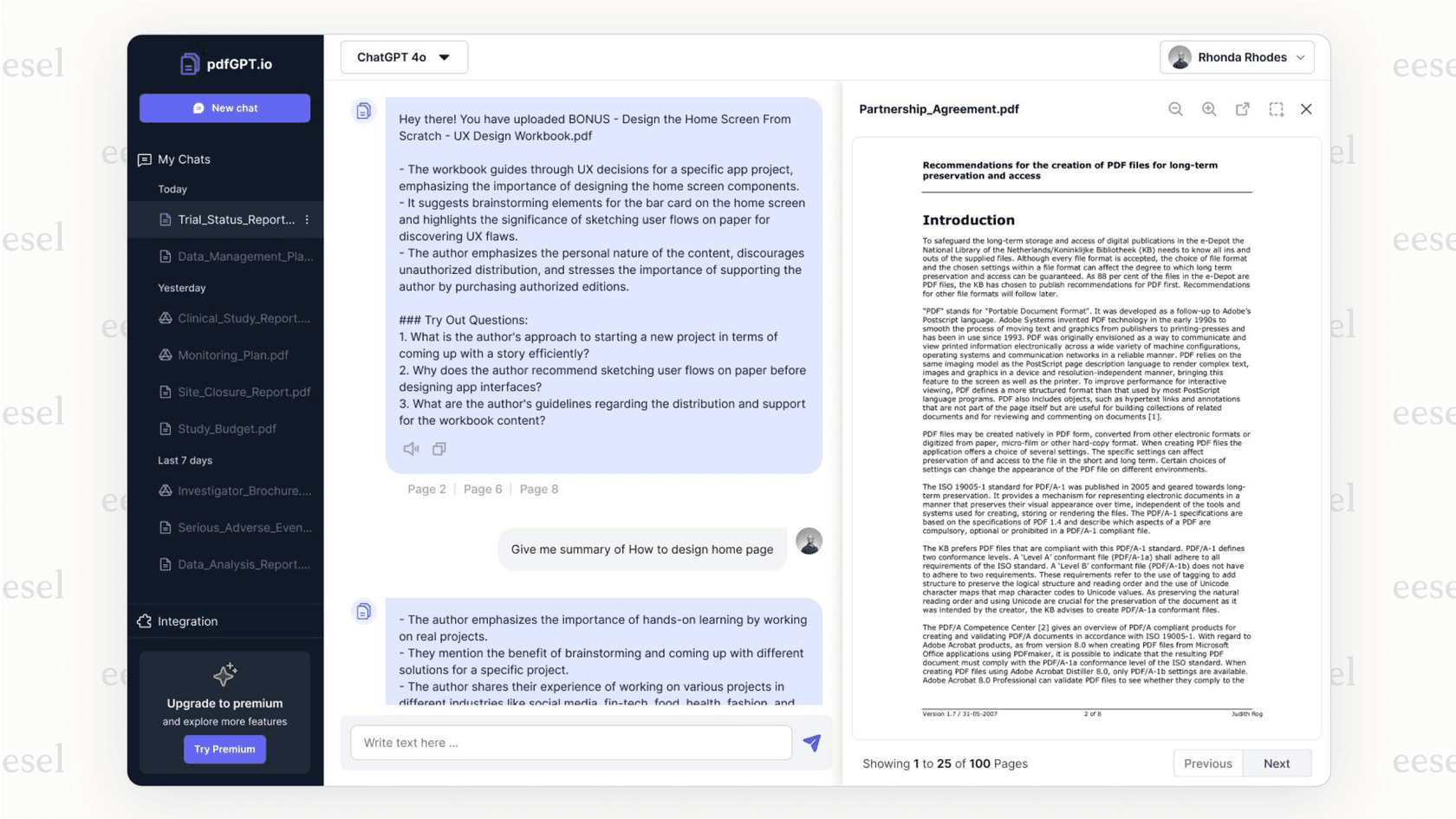 Screenshot der PDFGPT IO-Oberfläche mit einem geöffneten PDF neben einem Chat-Fenster, das KI-Antworten liefert.