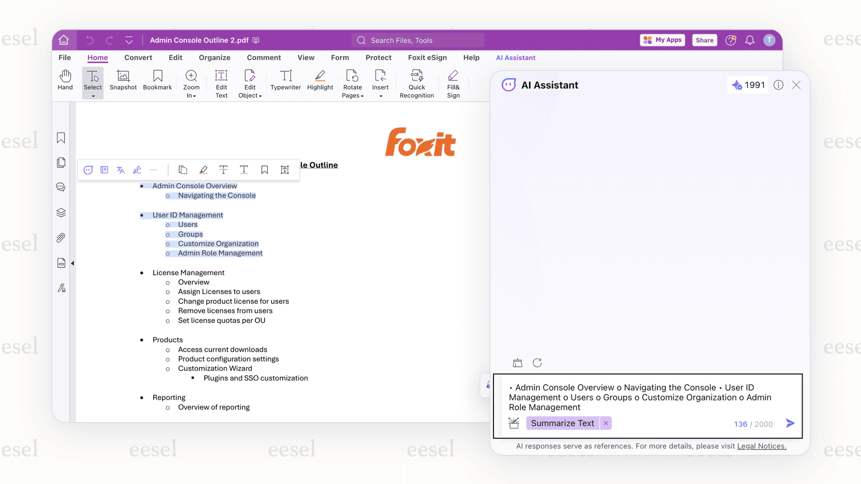 Screenshot of Foxit PDF editor featuring AI-powered assistance in the toolbar.