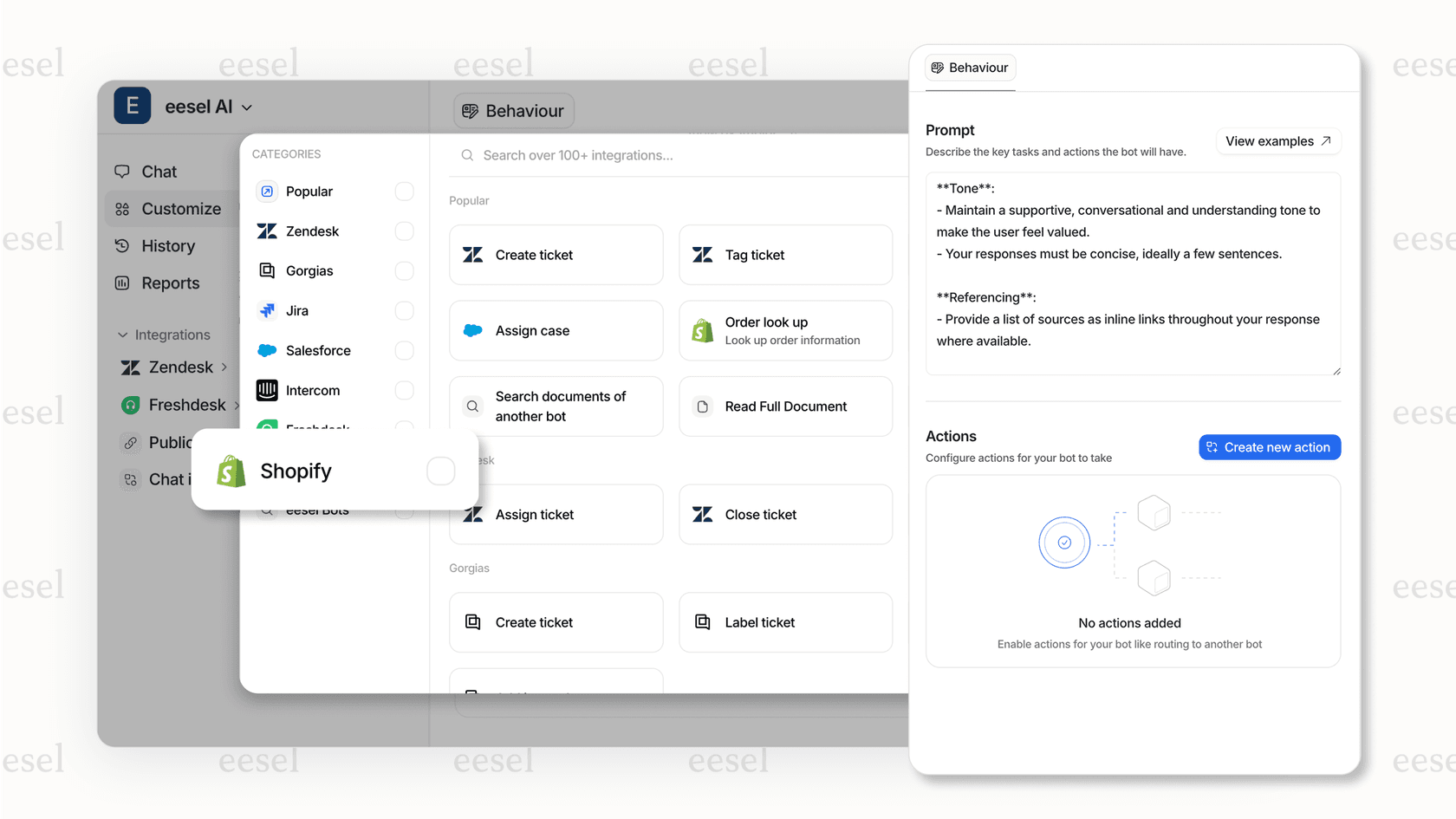eesel AI Shopify integration and bot customization options.