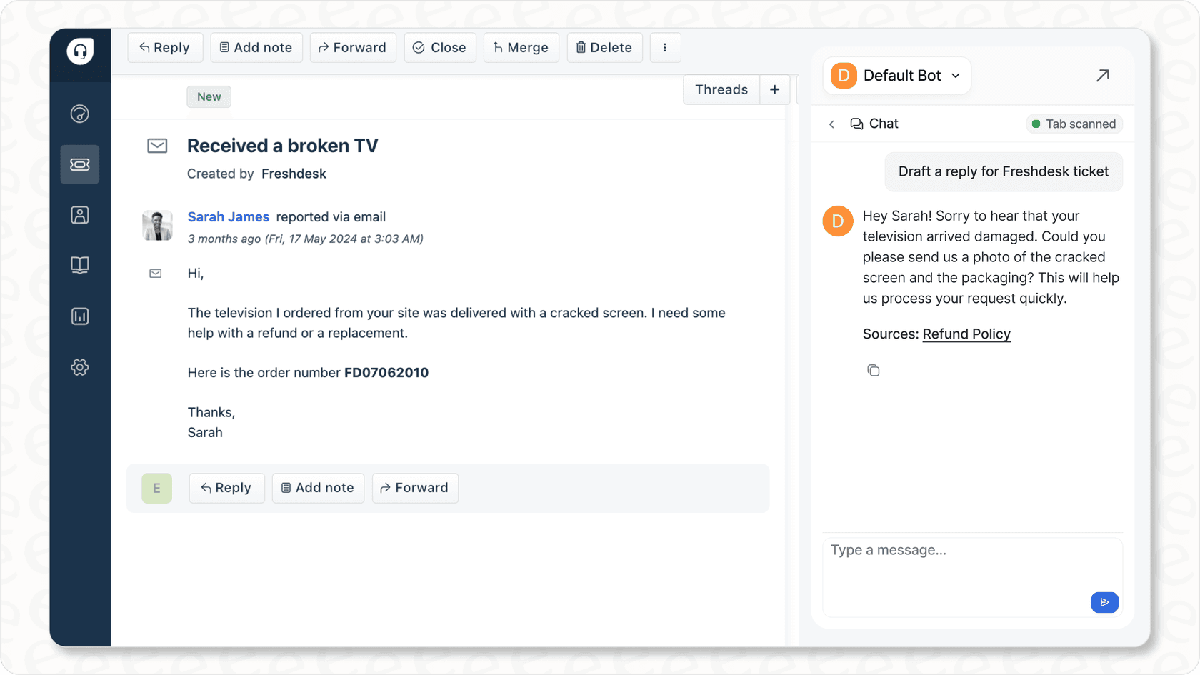 Jira in Freshdesk ticket view with chatbot on standby.