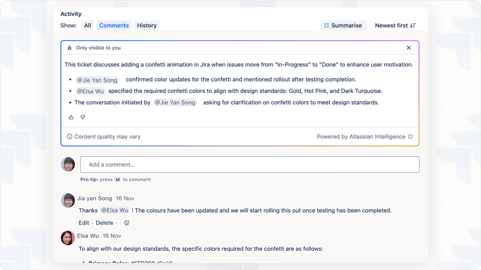 Jira AI resumindo e fornecendo uma visão geral concisa dos tópicos de discussão de um ticket