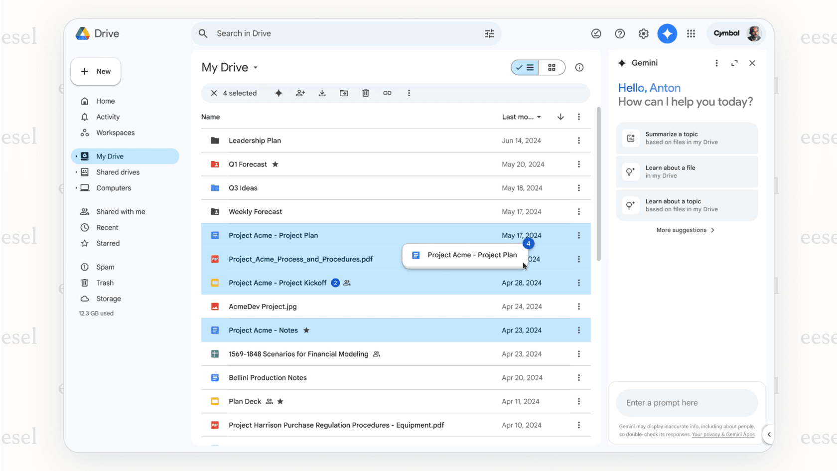 Google Gemini in Google Drive, giving options to summarize or analyze multiple documents.