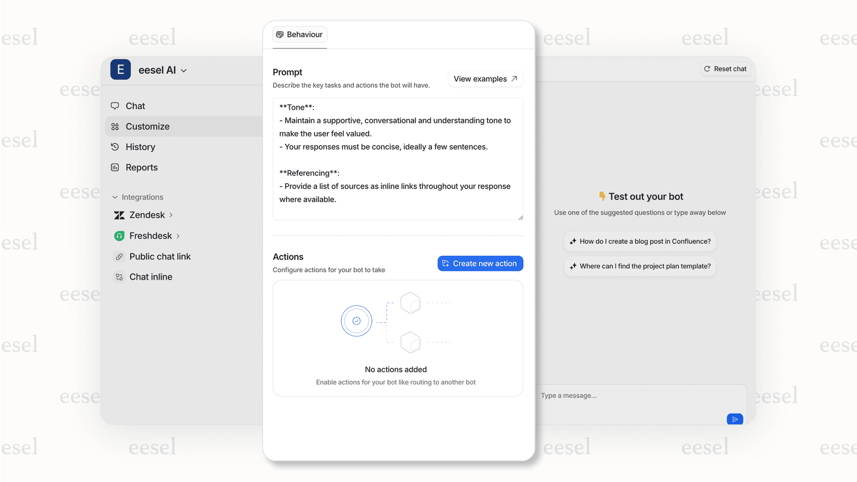 Screenshot of the eesel AI dashboard, demonstrating features relevant to HubSpot AI tools integration for support automation.