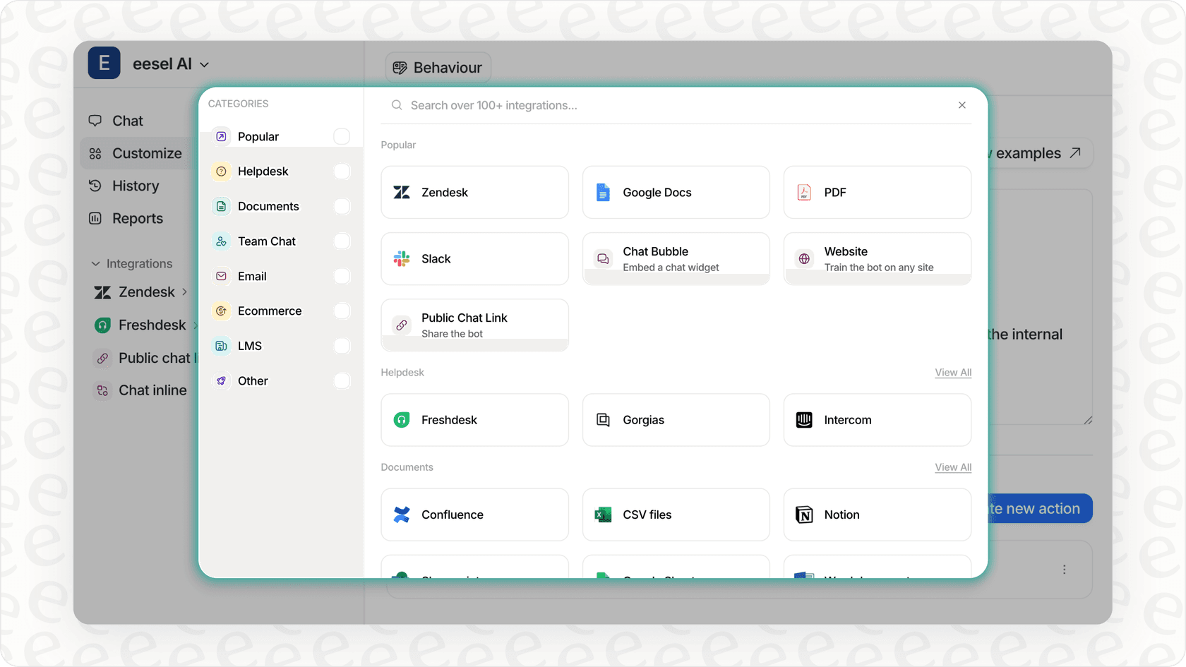 eesel AI integrations page showing connections to helpdesks and knowledge sources.