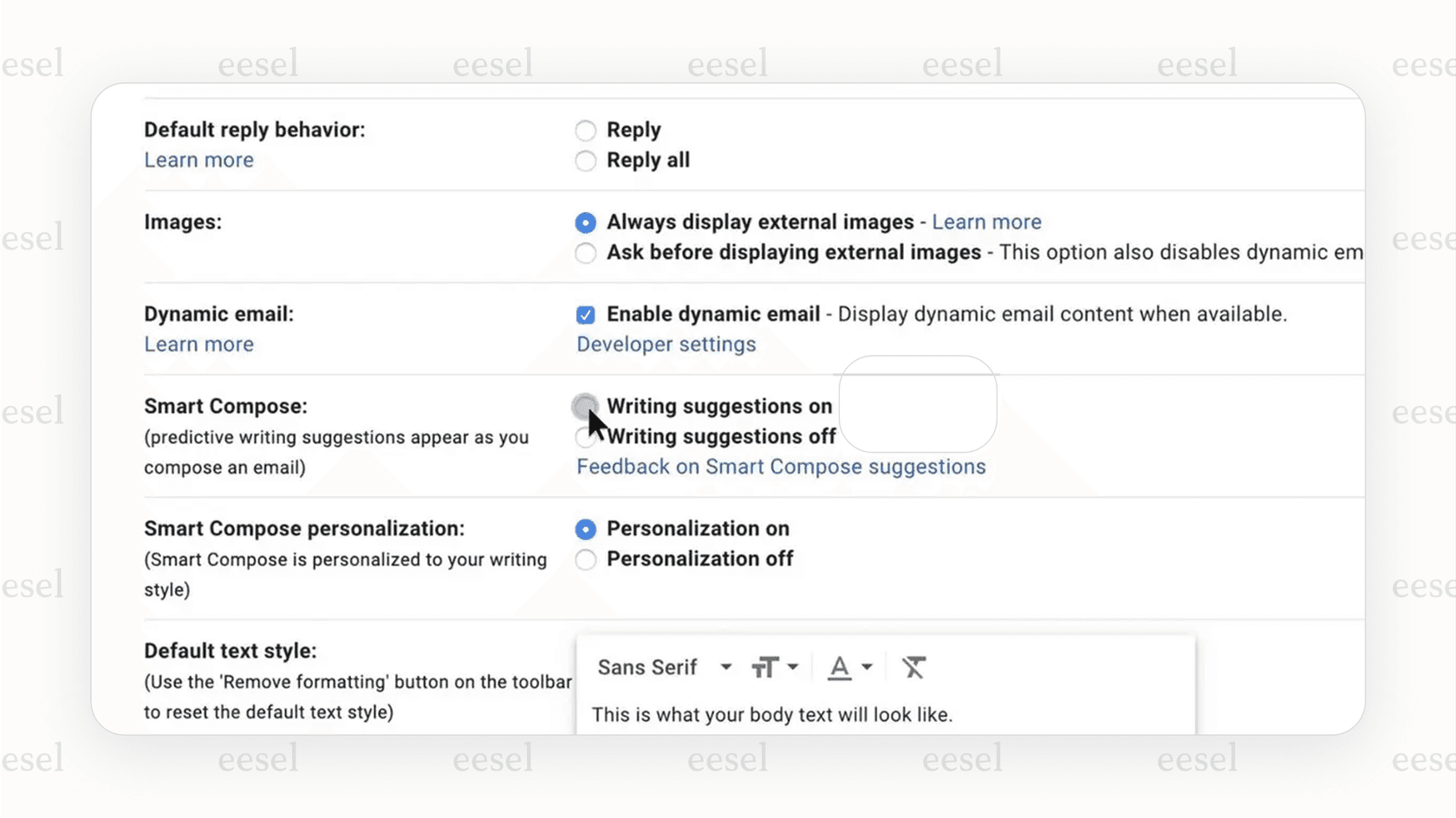 Smart Compose settings in Gmail.