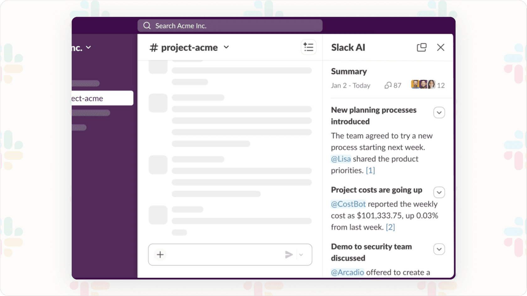 Slack AI summarizes conversations in a Slack channel.
