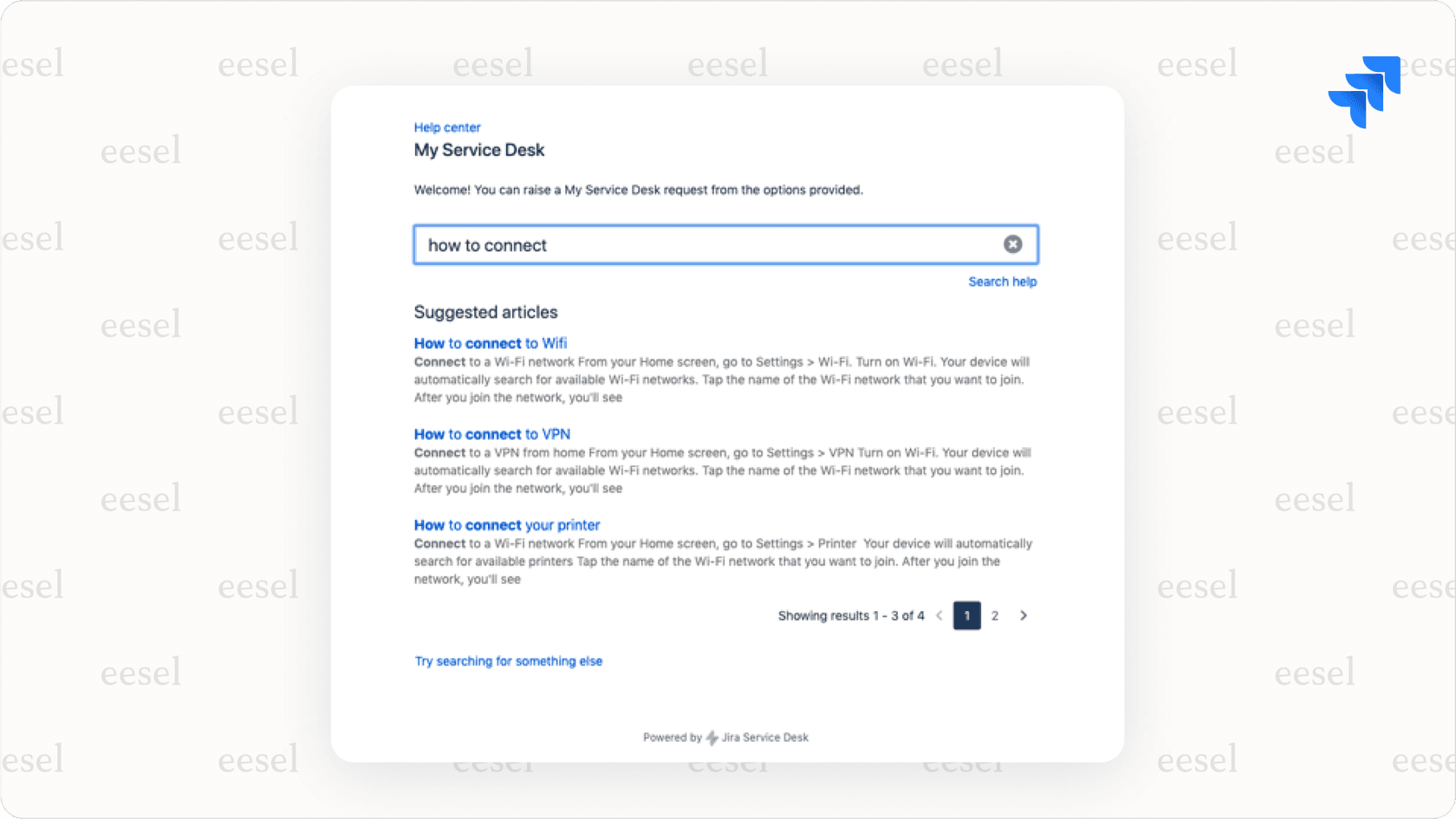 Jira Service Management customer portal suggesting knowledge base articles.