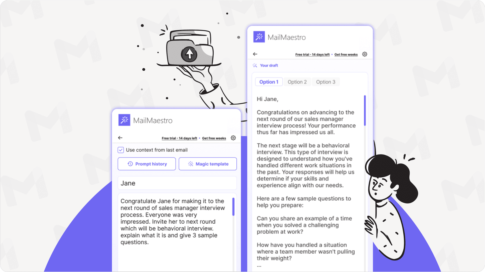 MailMaestro sidebar in Gmail creating a draft, example of a Gmail AI extension for smarter writing.