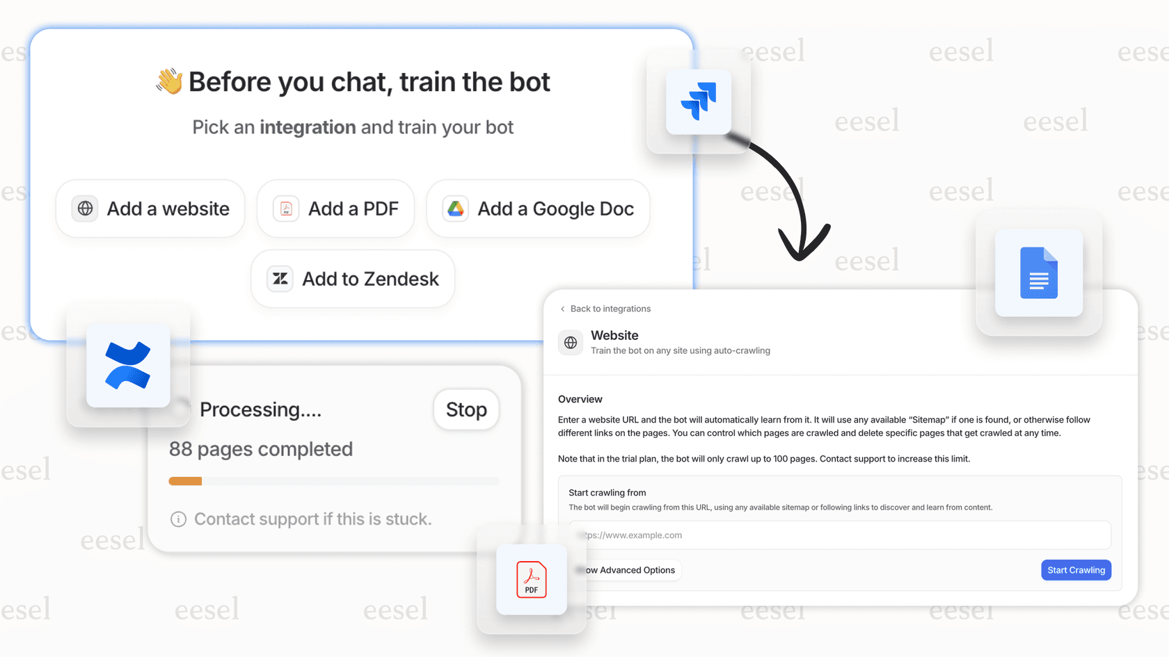 Uploading documents, linking help center articles, oand connecting to other platforms as knowledge sources.