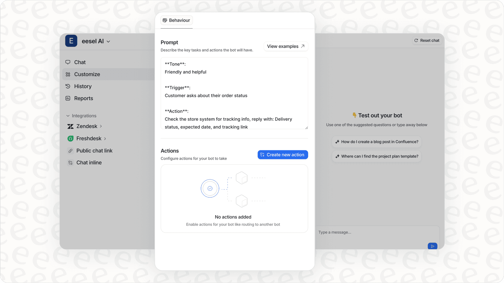 Bot configuration interface showing settings for responses, tone, and escalation rules.