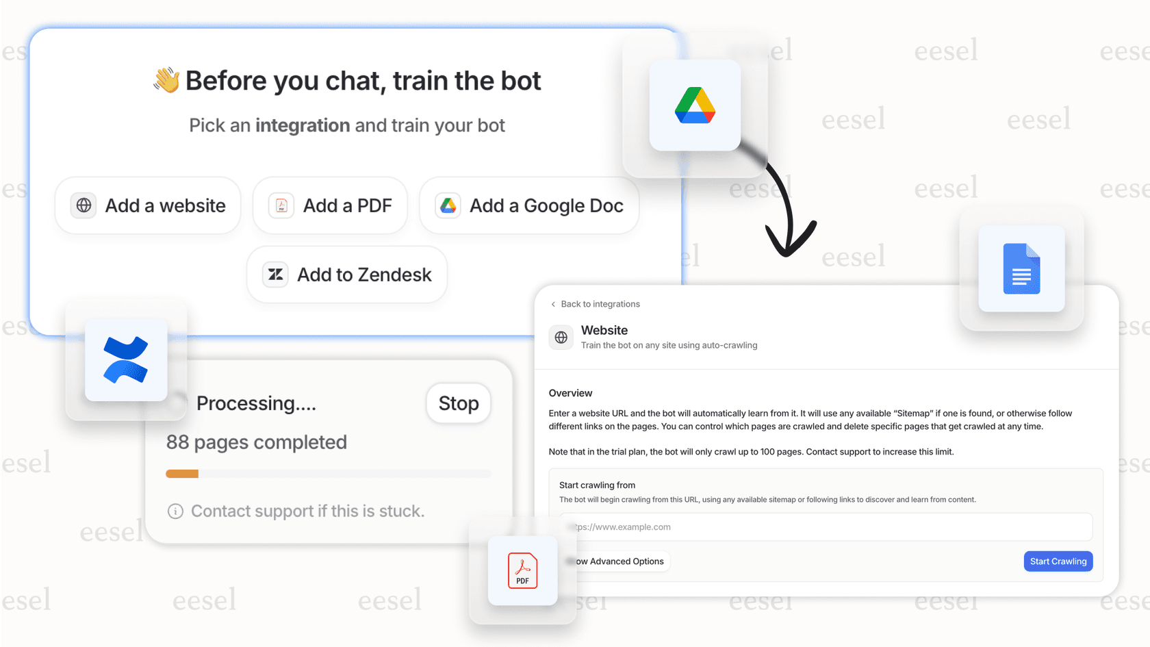 eesel AI training the Google Drive AI assistant on specific company files.