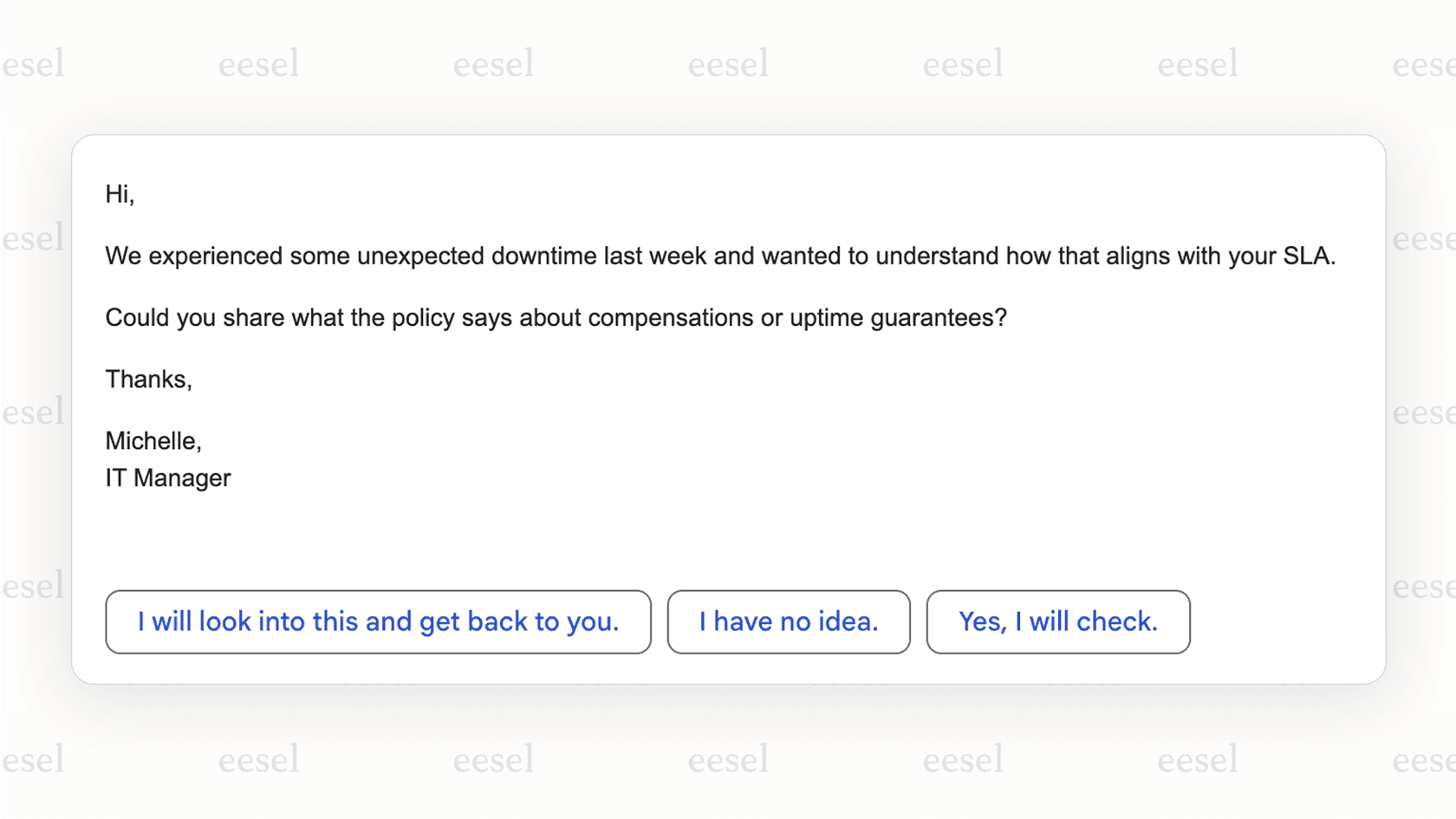 Screenshot showing quick reply suggestions from a Gmail AI plugin.