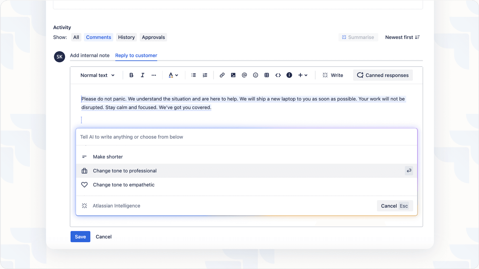Recurso do Atlassian Intelligence modificando resposta no Jira.